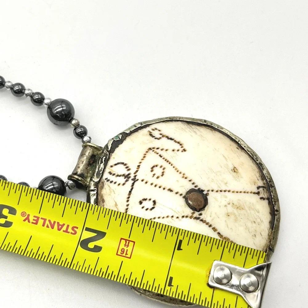 Naga Carved Shell Warrior Pendant Hematite Bead‎ Statement Necklace